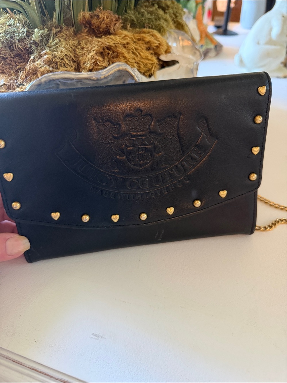 Juicy Couture Black Leather Crossbody with Gold Heart Studs